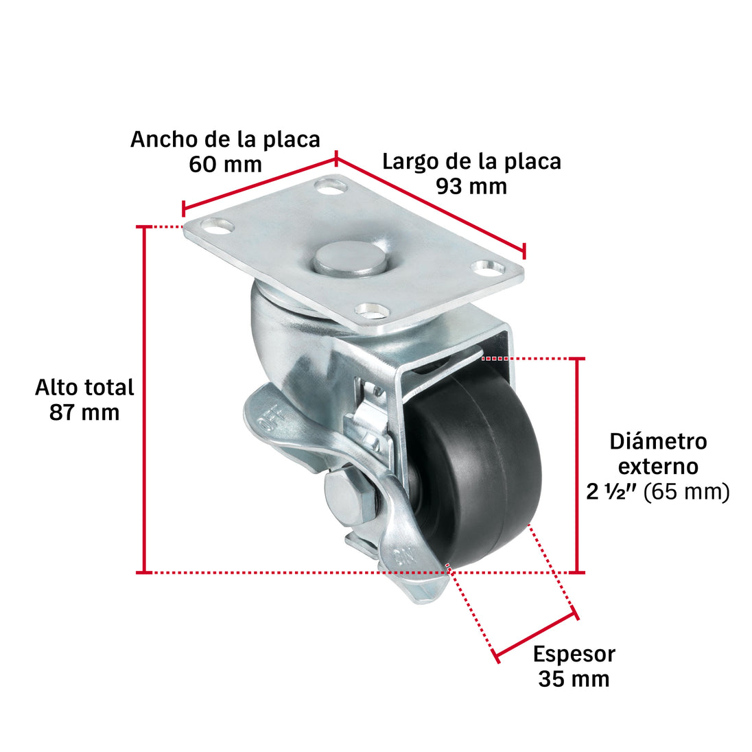 Rueda Giratoria Fiero RO-1511 Hule 2.5" 50kg Placa Giratoria
