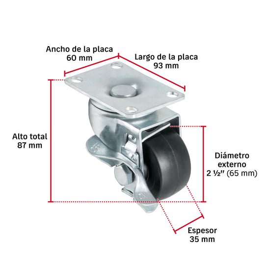 Rueda Giratoria Fiero RO-1511 Hule 2.5" 50kg Placa Giratoria