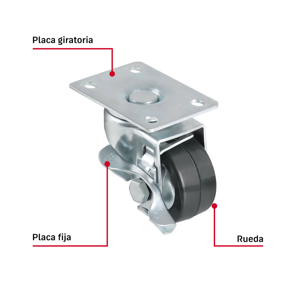 Rueda Giratoria Fiero RO-1512 Hule 2.5" 50kg Placa Giratoria