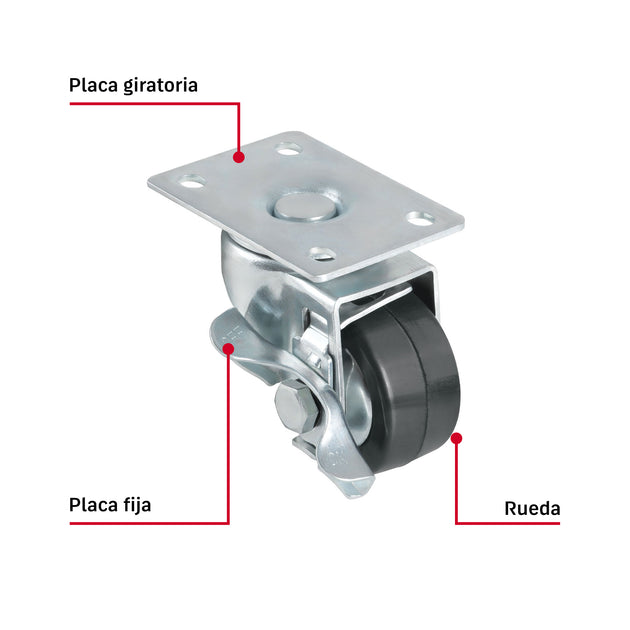 Rueda Giratoria Fiero RO-1512 Hule 2.5" 50kg Placa Giratoria