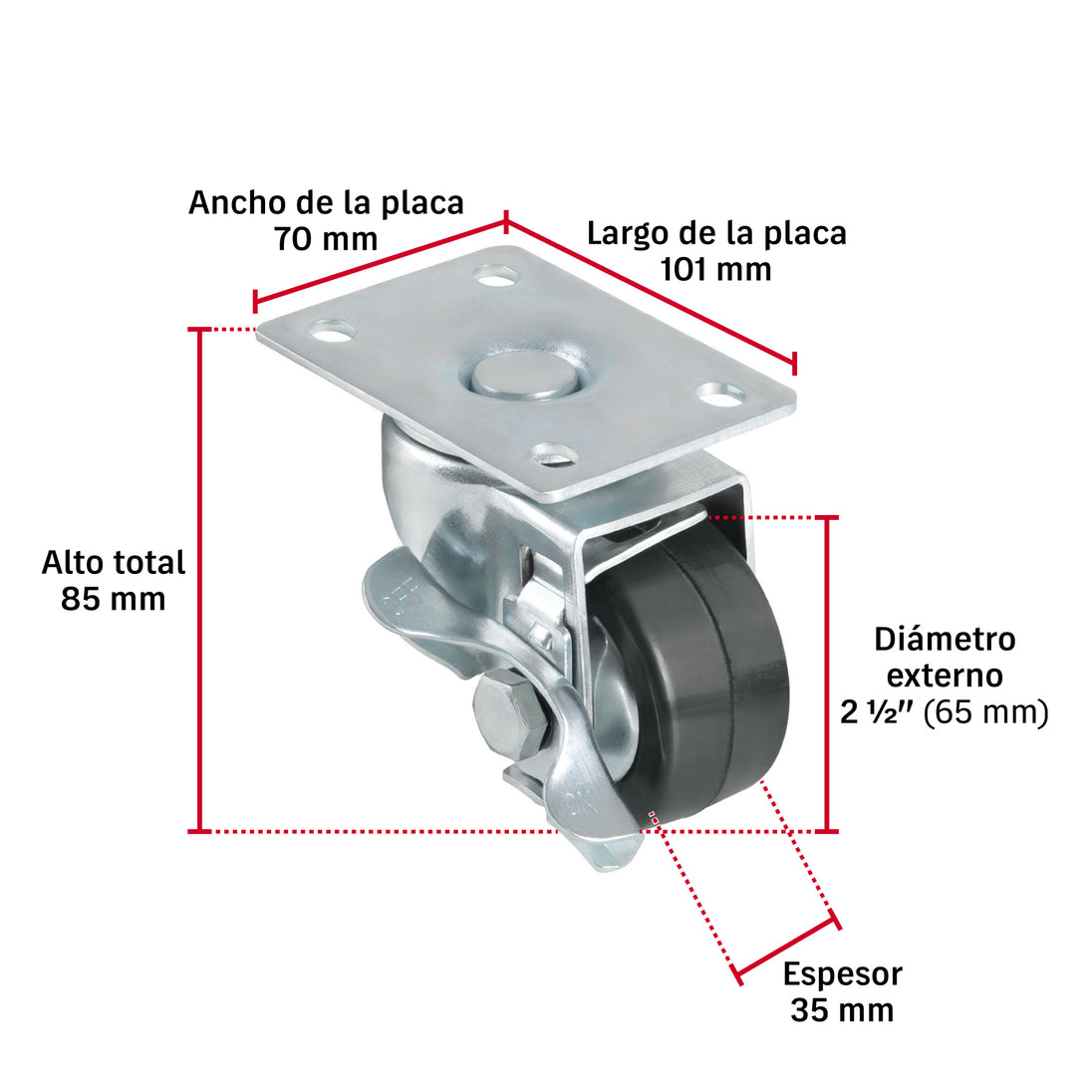 Rueda Giratoria Fiero RO-1512 Hule 2.5" 50kg Placa Giratoria