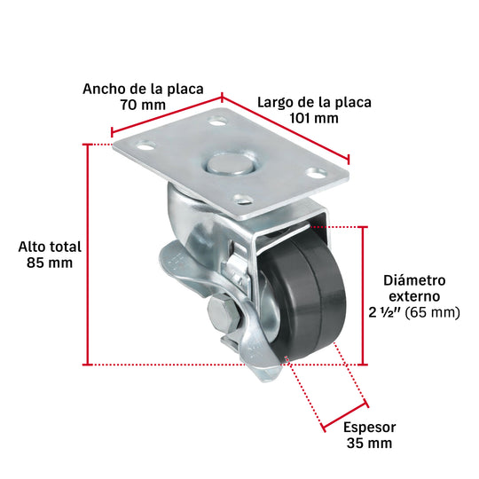 Rueda Giratoria Fiero RO-1512 Hule 2.5" 50kg Placa Giratoria