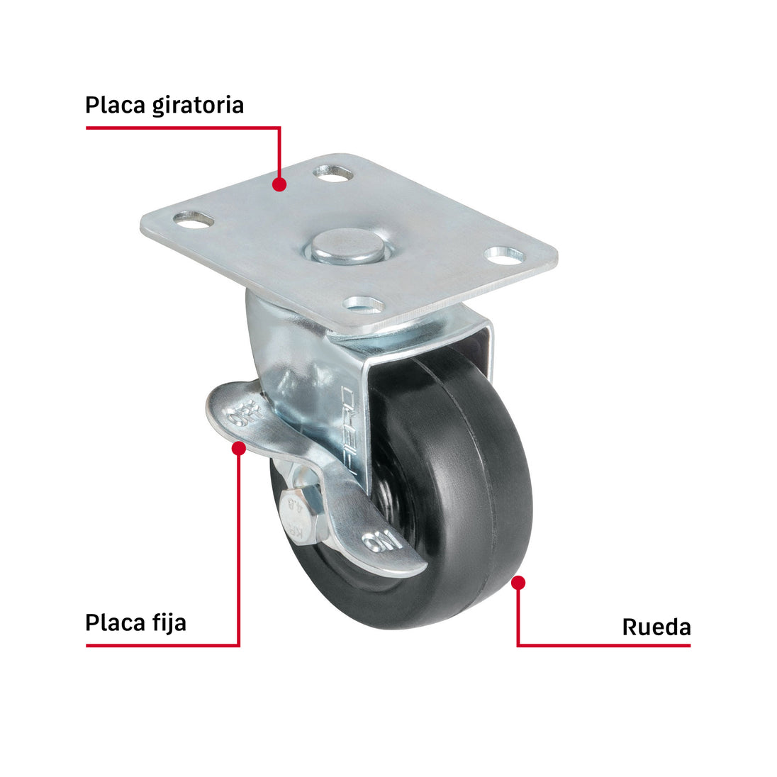 Rueda Giratoria Fiero RO-1515 Hule 3" 60 kg Placa Giratoria