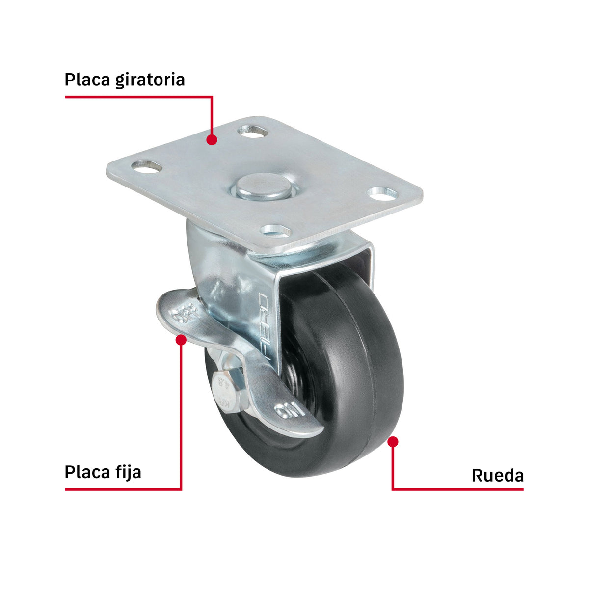 Rueda Giratoria Fiero RO-1515 Hule 3" 60 kg Placa Giratoria