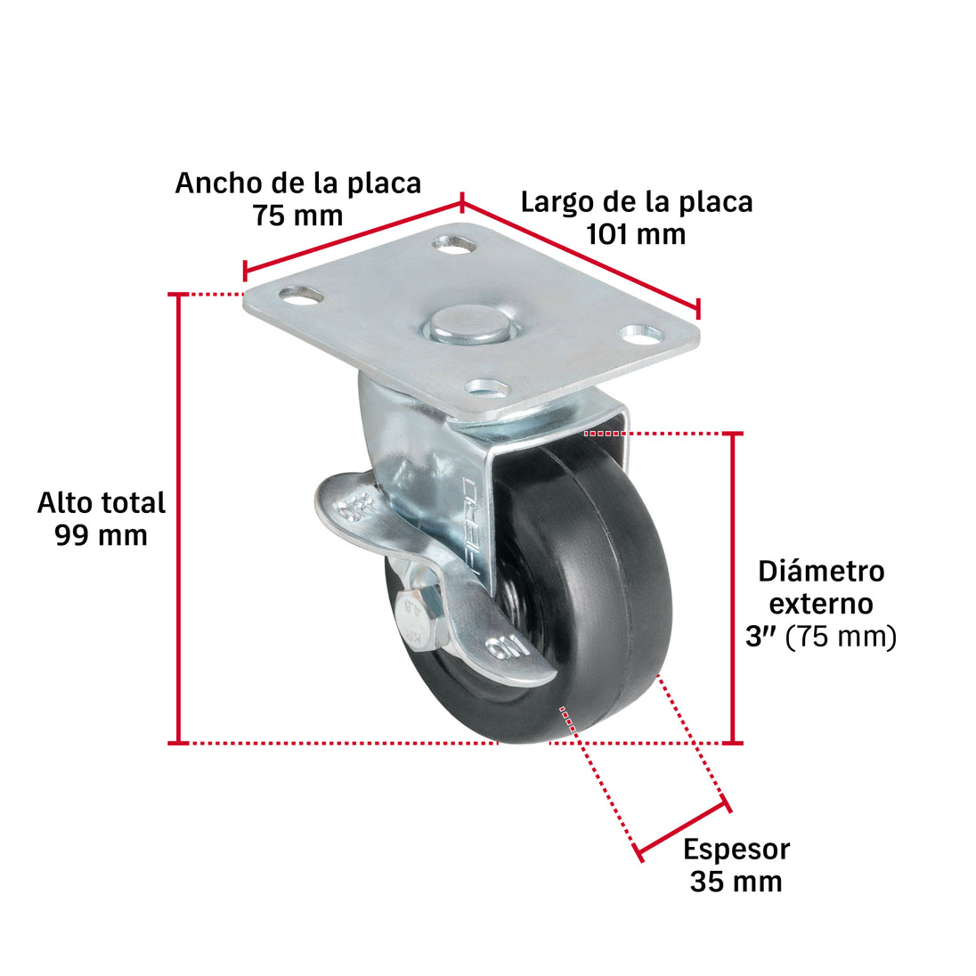 Rueda Giratoria Fiero RO-1515 Hule 3" 60 kg Placa Giratoria