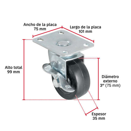 Rueda Giratoria Fiero RO-1515 Hule 3" 60 kg Placa Giratoria