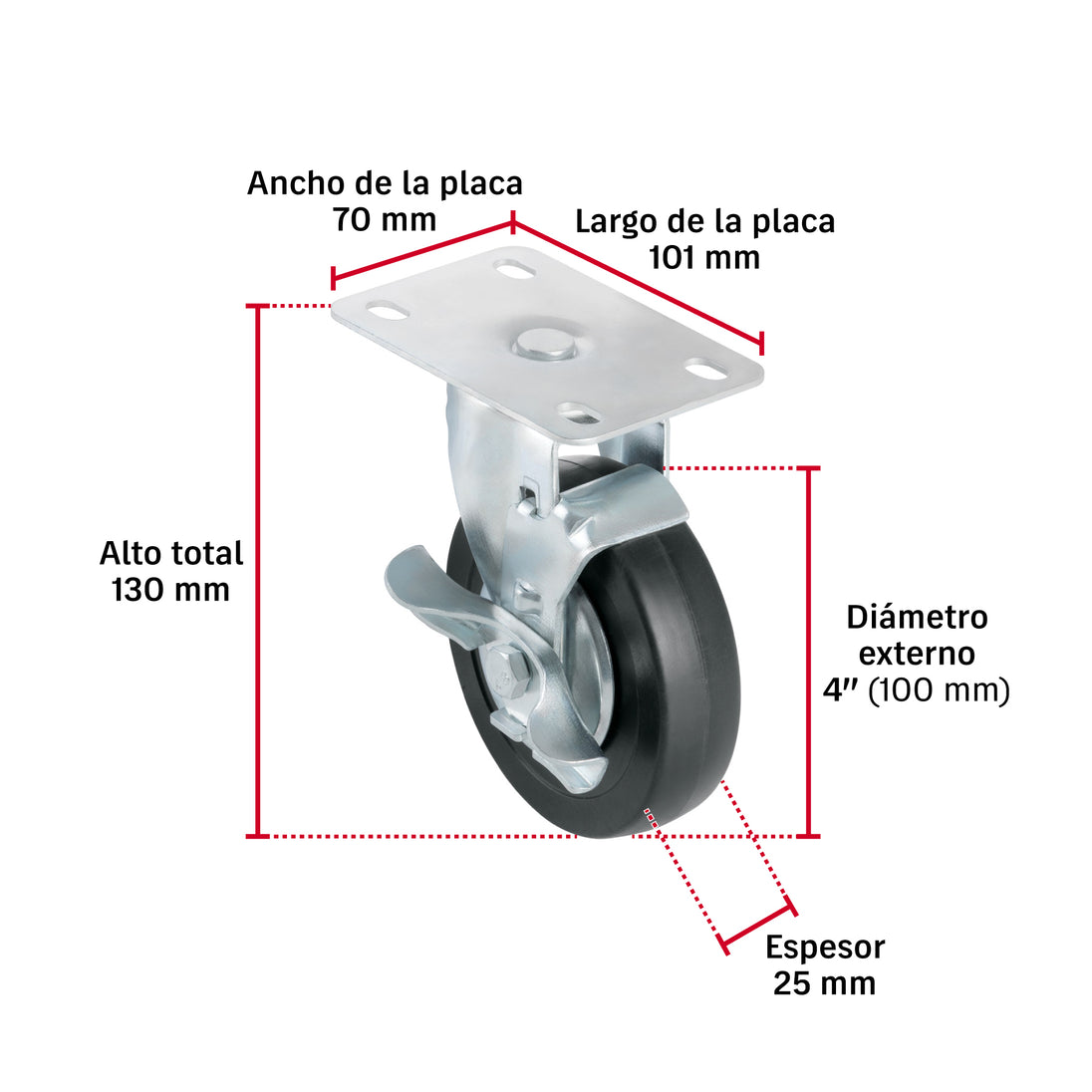 Rueda Giratoria Fiero RO-1516 4" Hule 50kg Placa Galvanizada