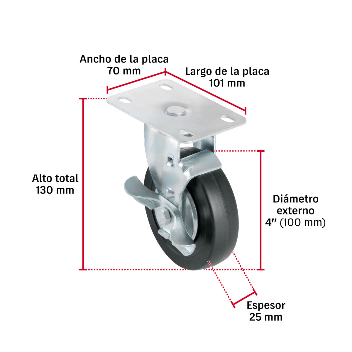 Rueda Giratoria Fiero RO-1516 4" Hule 50kg Placa Galvanizada