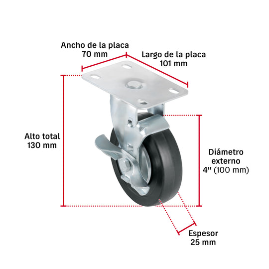 Rueda Giratoria Fiero RO-1516 4" Hule 50kg Placa Galvanizada