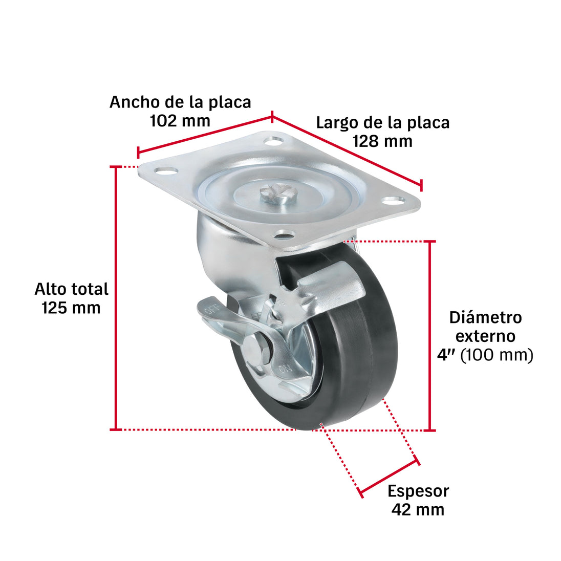 Rueda Giratoria Fiero RO-1517 Hule 125mm Placa Galvanizada