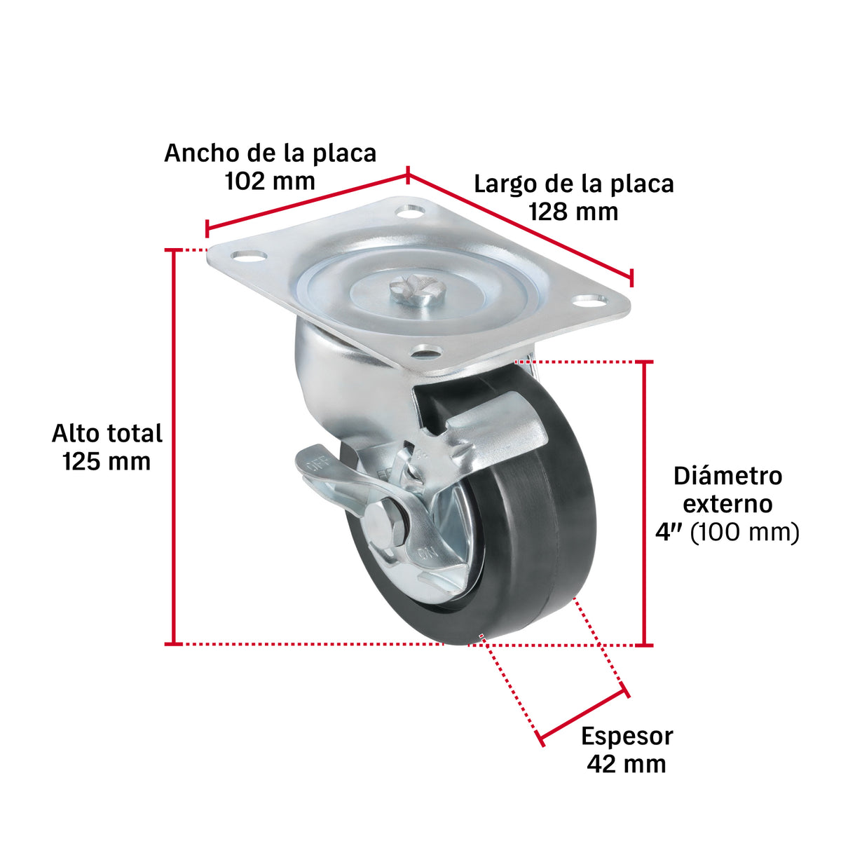 Rueda Giratoria Fiero RO-1517 Hule 125mm Placa Galvanizada
