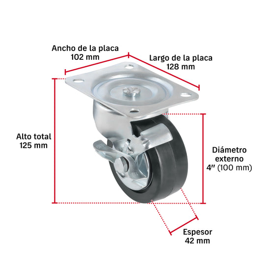 Rueda Giratoria Fiero RO-1517 Hule 125mm Placa Galvanizada