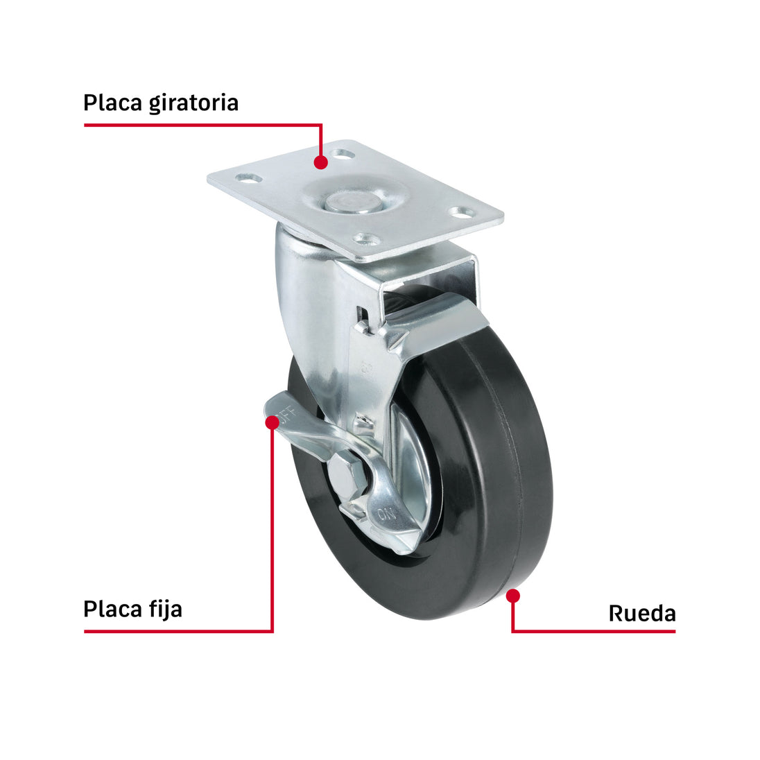 Rodaja Fiero RO-1518 5" Hule 60kg Placa Giratoria Silenciosa