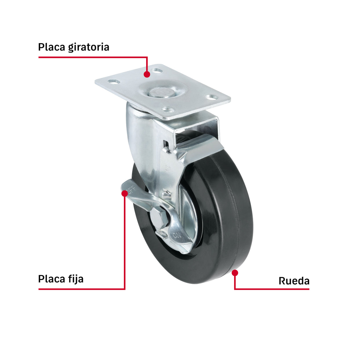 Rodaja Fiero RO-1518 5" Hule 60kg Placa Giratoria Silenciosa