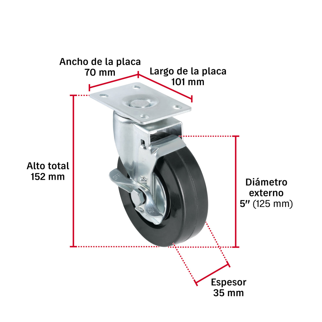 Rodaja Fiero RO-1518 5" Hule 60kg Placa Giratoria Silenciosa