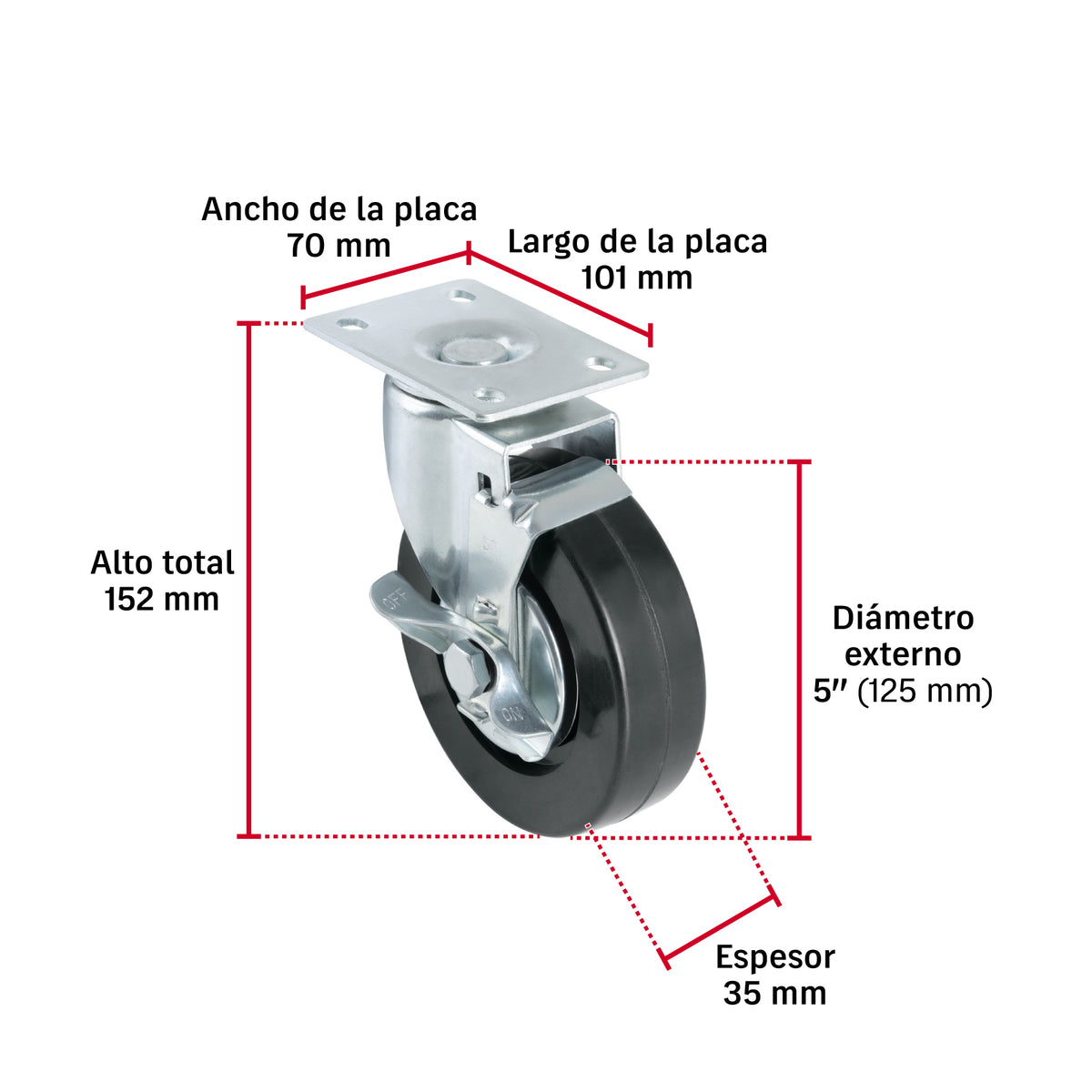 Rodaja Fiero RO-1518 5" Hule 60kg Placa Giratoria Silenciosa