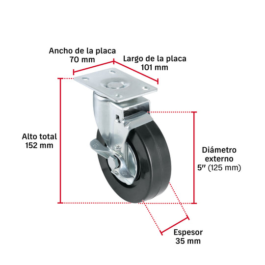 Rodaja Fiero RO-1518 5" Hule 60kg Placa Giratoria Silenciosa