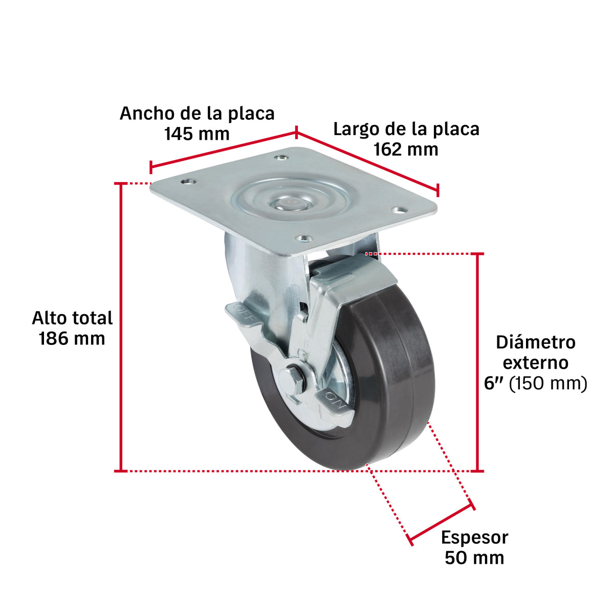 Rueda Giratoria Fiero RO-1520 6" Hule Placa Galvanizada | Silenciosa
