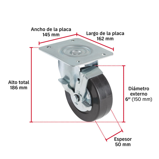 Rueda Giratoria Fiero RO-1520 6" Hule Placa Galvanizada | Silenciosa