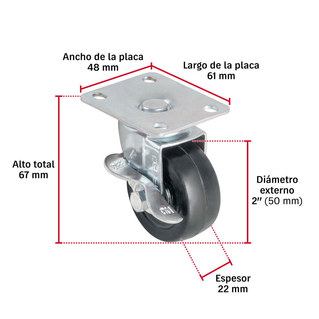 Rueda Giratoria Fiero RO-158 Hule 2" Placa Giratoria | Silenciosa