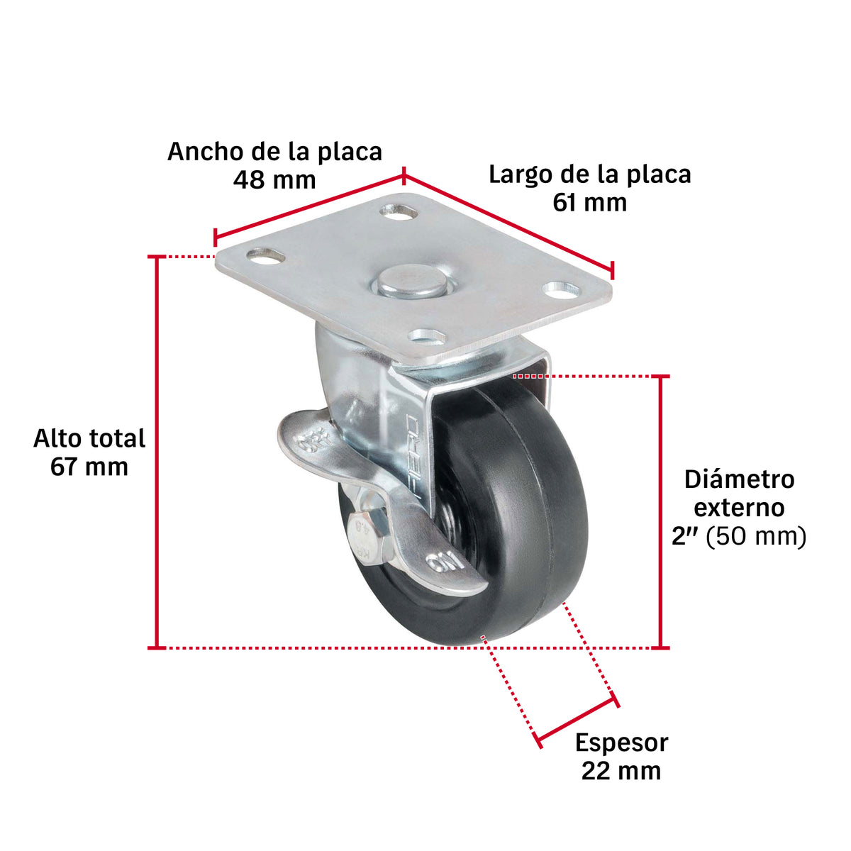Rueda Giratoria Fiero RO-158 Hule 2" Placa Giratoria | Silenciosa