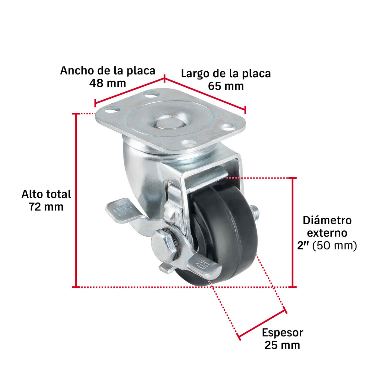 Rueda Giratoria Fiero RO-159 2" Hule 40 kg | Placa Galvanizada