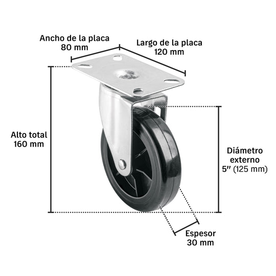 Rueda Giratoria Pretul RO-5PUG Poliuretano Placa 120x80mm No Marca Pisos