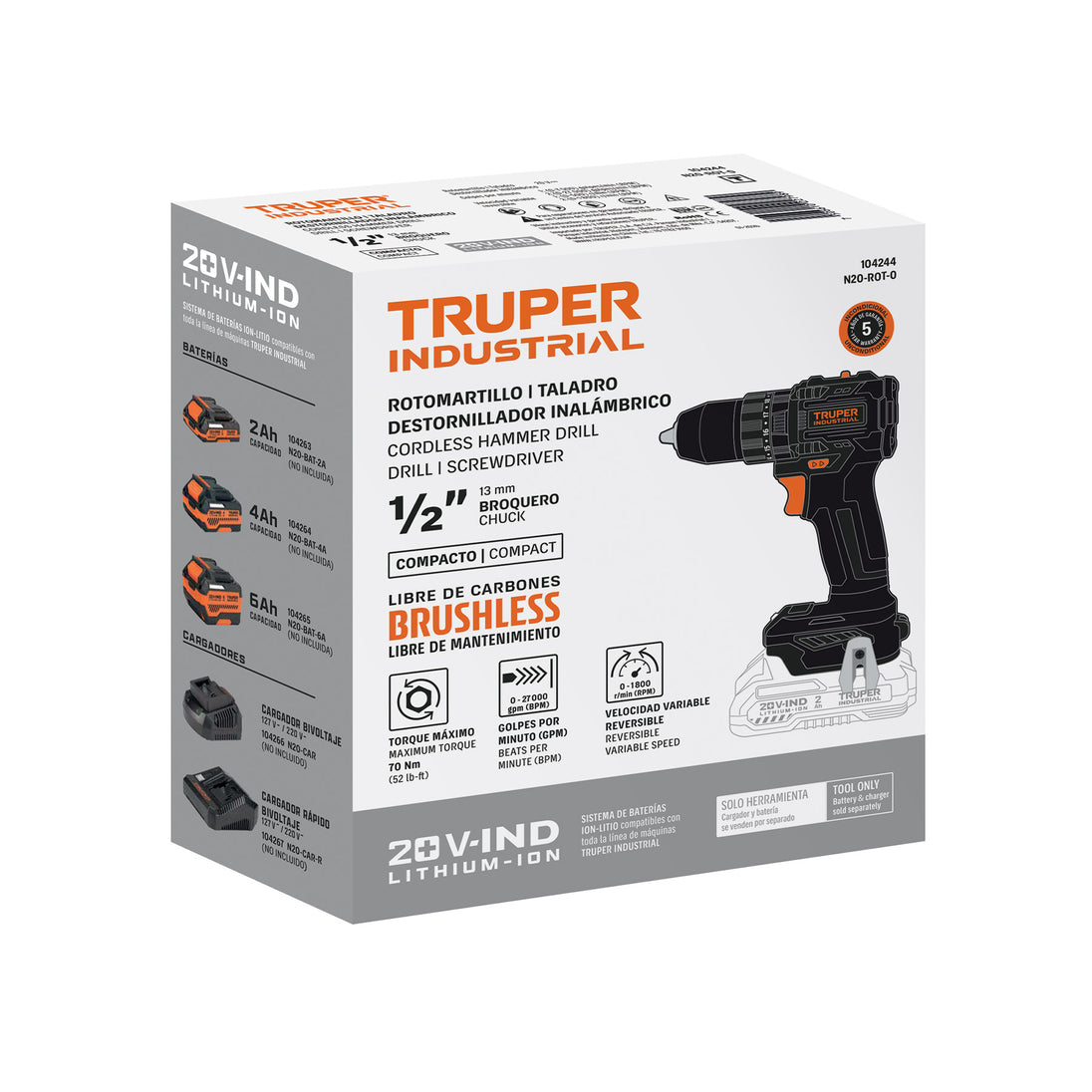 Truper Taladro Percutor Brushless 20V 70Nm 1/2" N20-ROT-0
