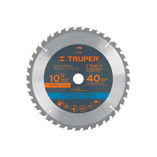 ST-1040E Disco sierra 10" para madera, 40 dientes centro 1", Truper