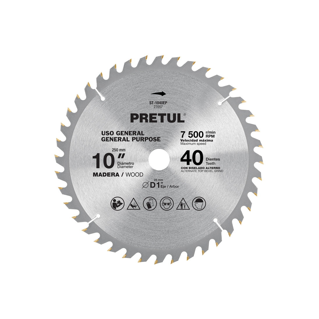 ST-1040EP Disco sierra 10" para madera, 40 dientes centro 1", Pretul