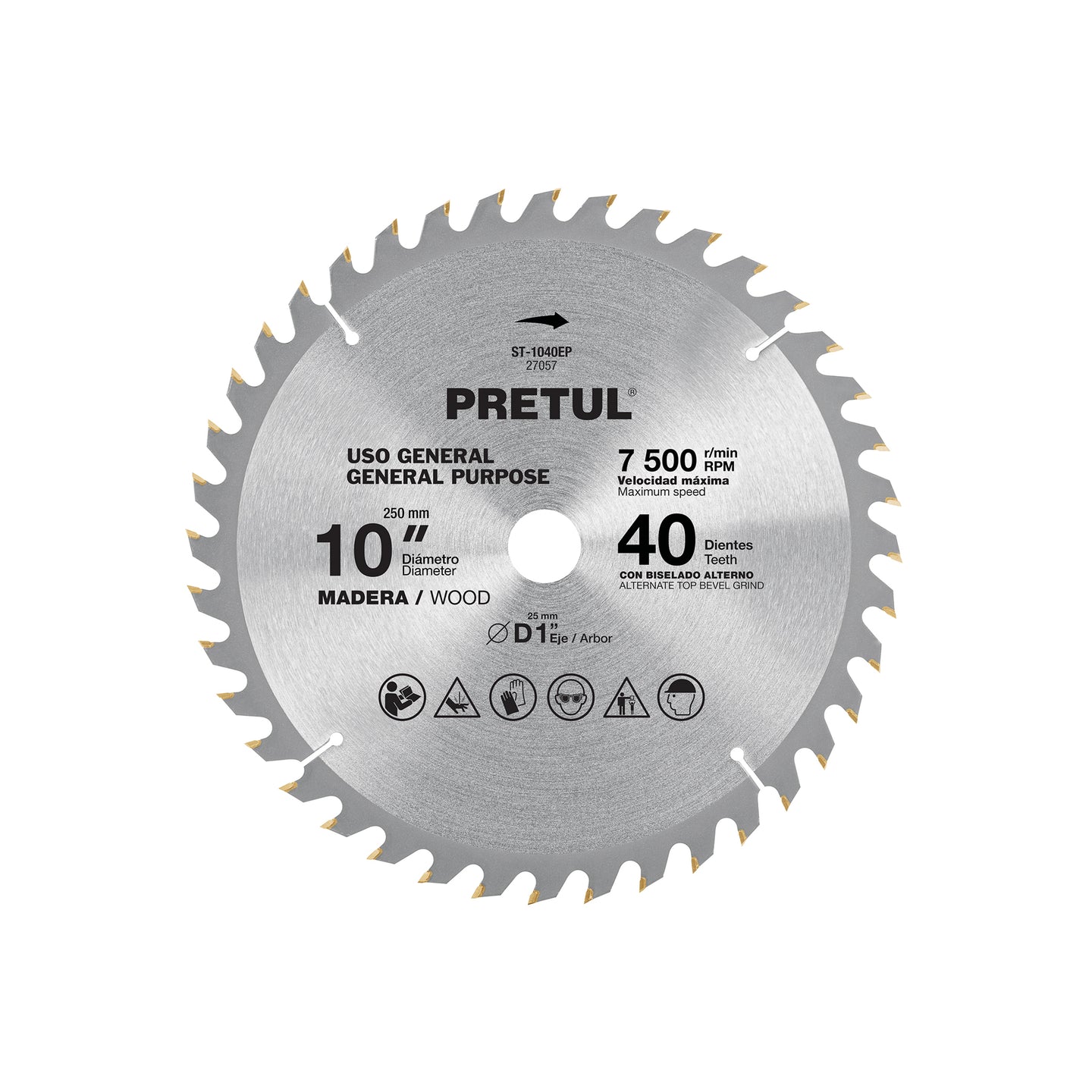 ST-1040EP Disco sierra 10" para madera, 40 dientes centro 1", Pretul