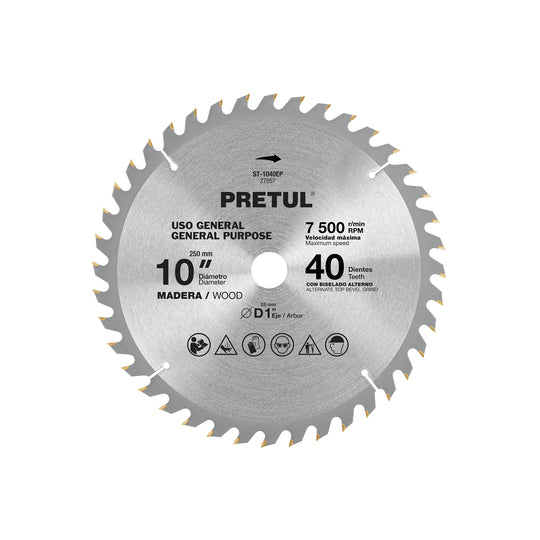ST-1040EP Disco sierra 10" para madera, 40 dientes centro 1", Pretul