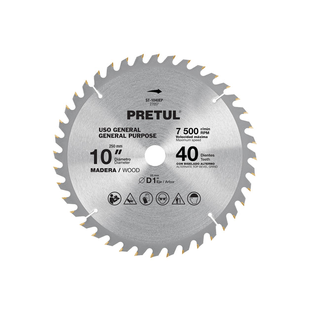 ST-1040EP Disco sierra 10" para madera, 40 dientes centro 1", Pretul