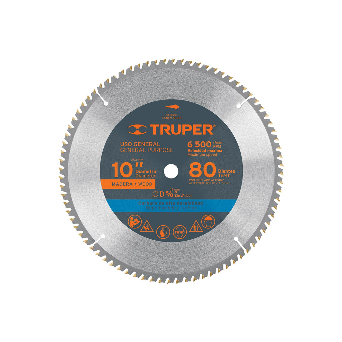 ST-1080 Disco sierra 10" para madera, 80 dientes centro 5/8", Truper