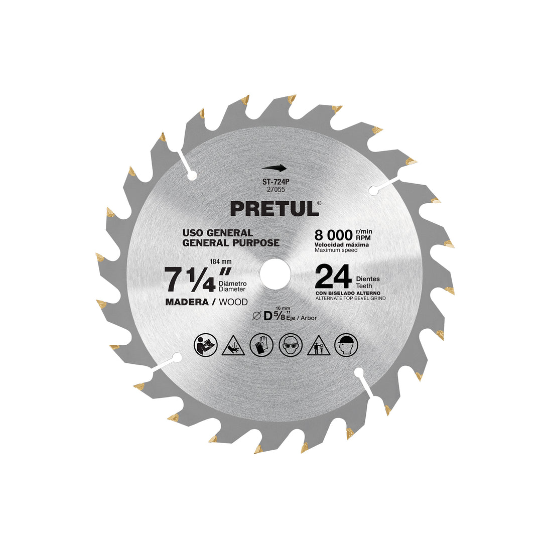 ST-724P Disco sierra 7-1/4" p/madera, 24 dientes centro 5/8", Pretul