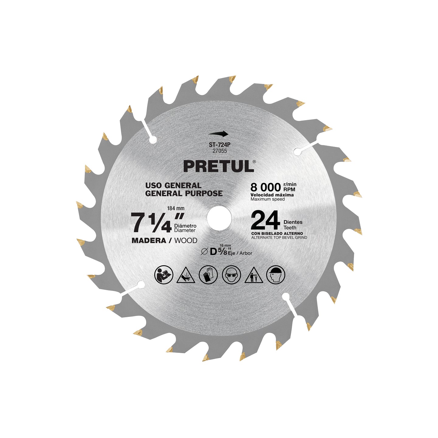 ST-724P Disco sierra 7-1/4" p/madera, 24 dientes centro 5/8", Pretul