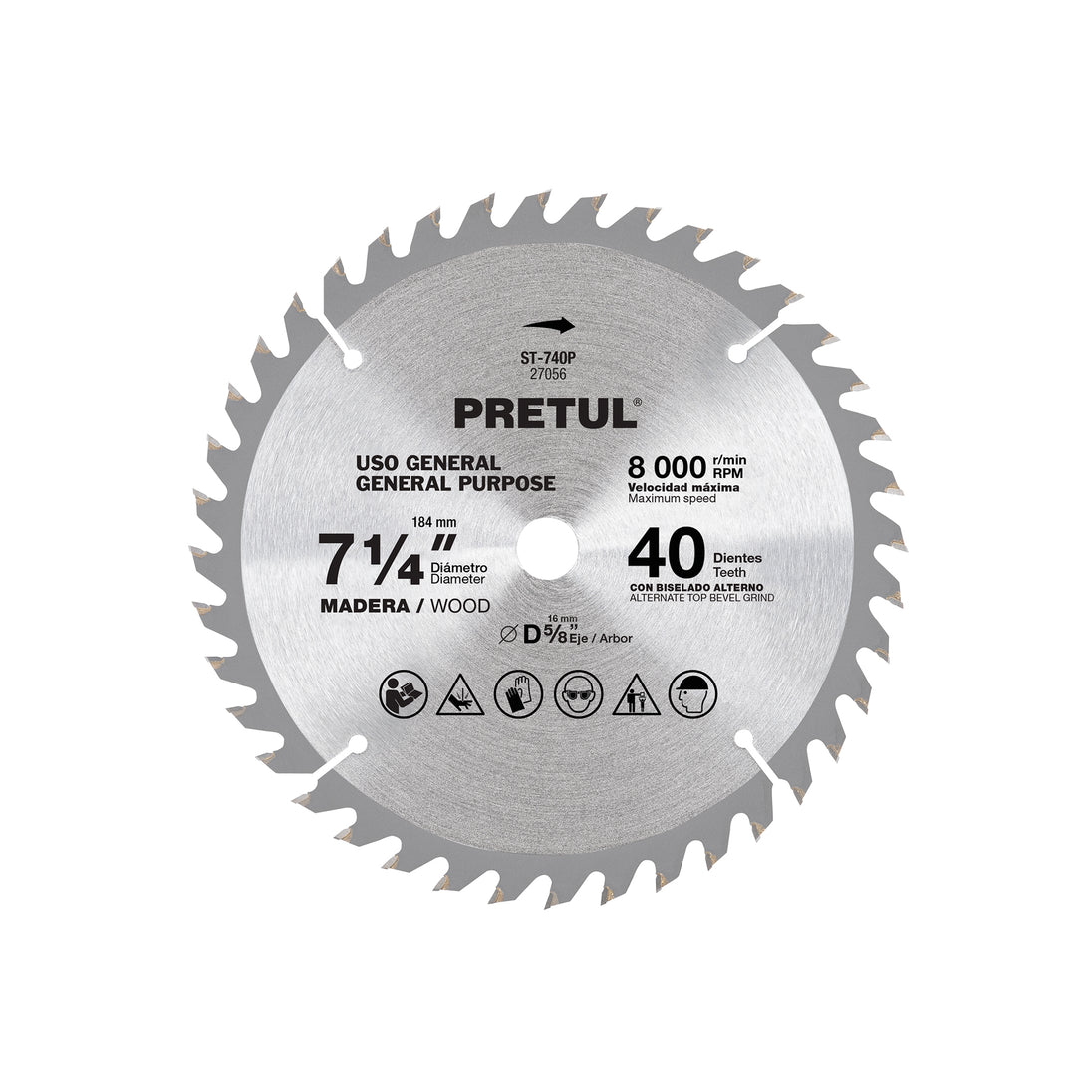 ST-740P Disco sierra 7-1/4" p/madera, 40 dientes centro 5/8", Pretul