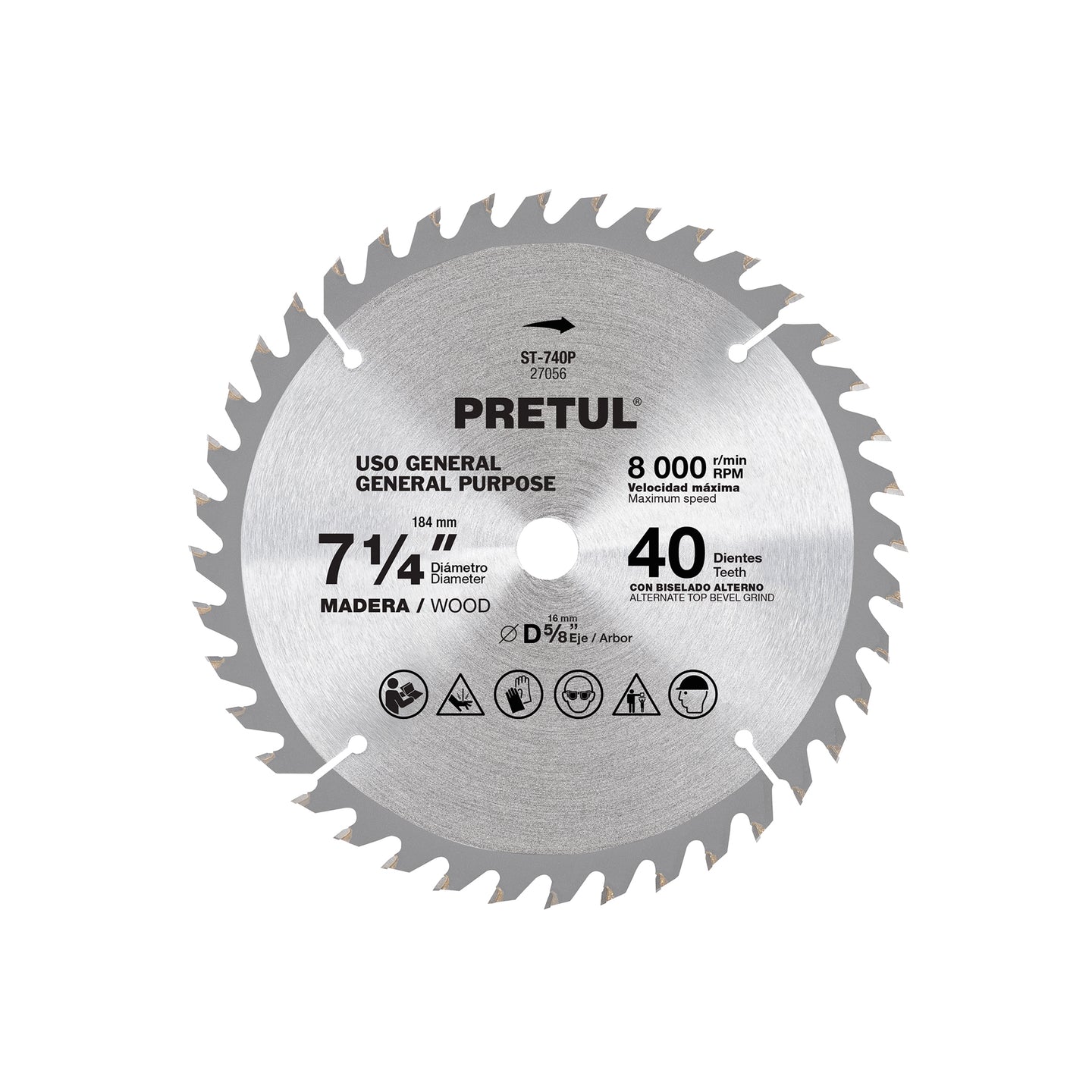 ST-740P Disco sierra 7-1/4" p/madera, 40 dientes centro 5/8", Pretul
