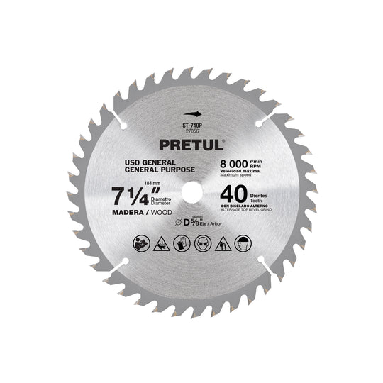 ST-740P Disco sierra 7-1/4" p/madera, 40 dientes centro 5/8", Pretul