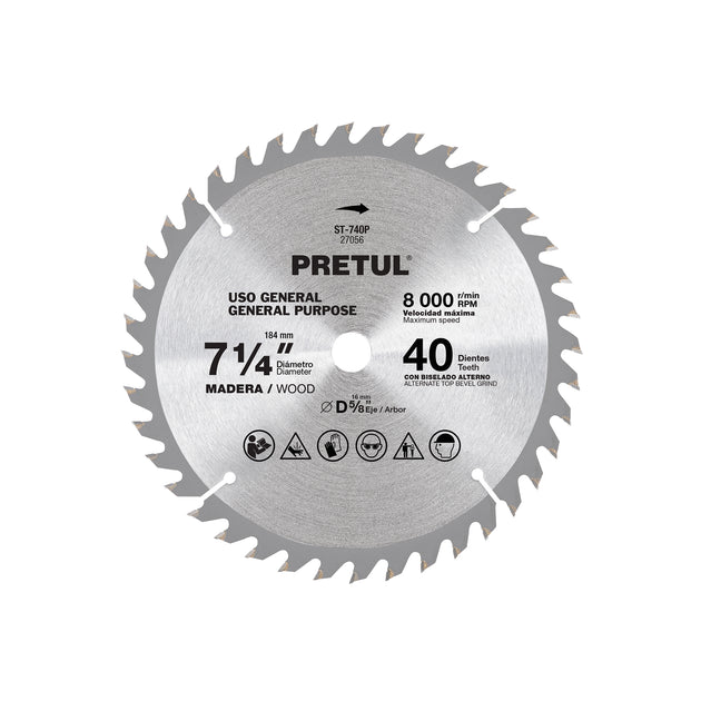 ST-740P Disco sierra 7-1/4" p/madera, 40 dientes centro 5/8", Pretul