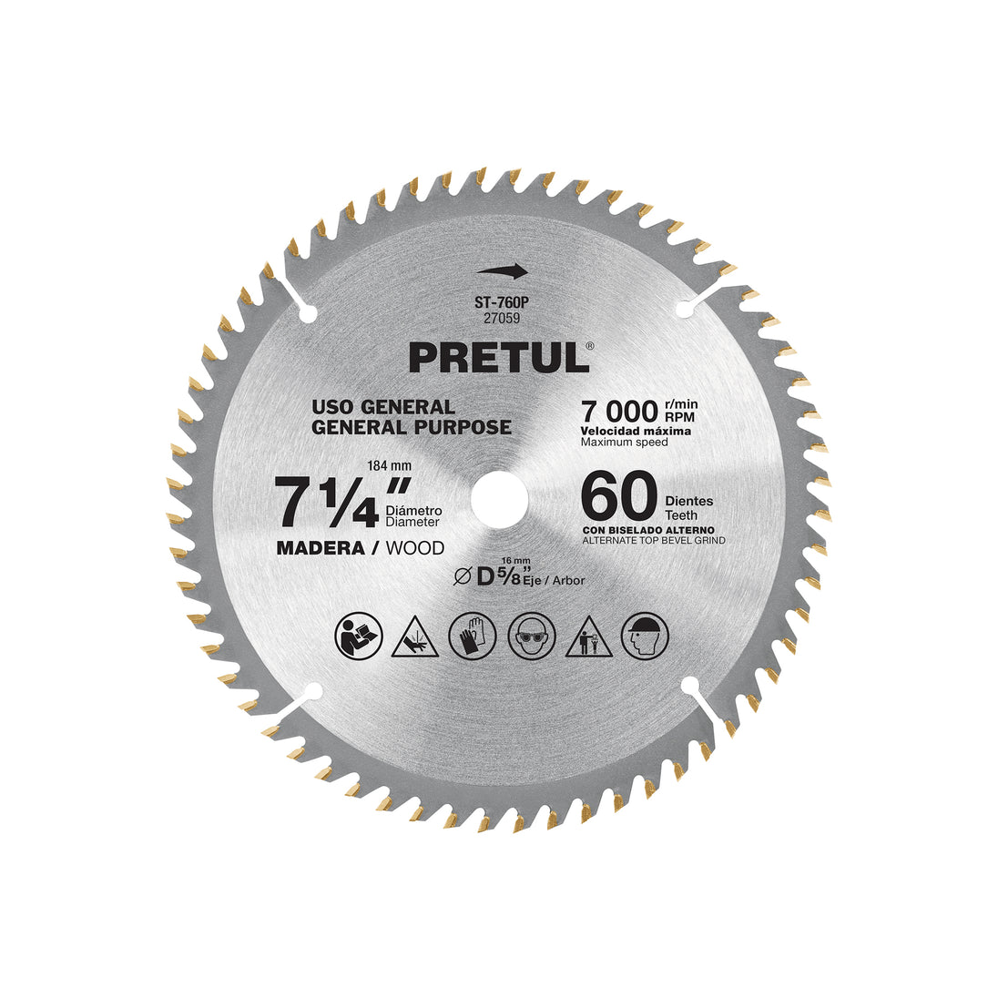 ST-760P Disco sierra 7-1/4" p/madera, 60 dientes centro 5/8", Pretul