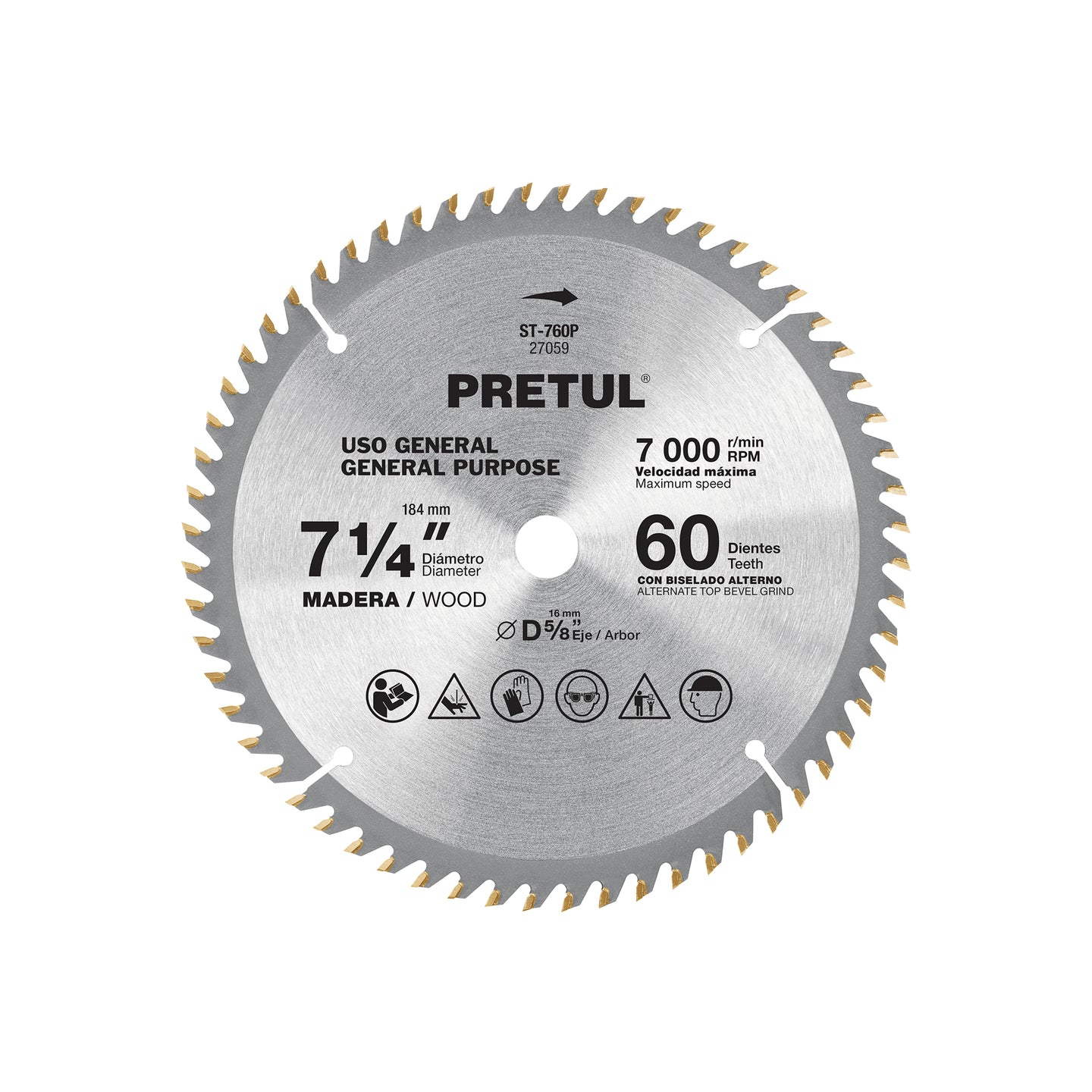 ST-760P Disco sierra 7-1/4" p/madera, 60 dientes centro 5/8", Pretul