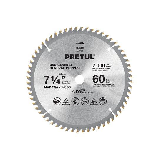 ST-760P Disco sierra 7-1/4" p/madera, 60 dientes centro 5/8", Pretul