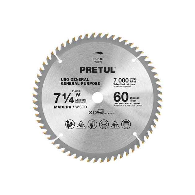 ST-760P Disco sierra 7-1/4" p/madera, 60 dientes centro 5/8", Pretul