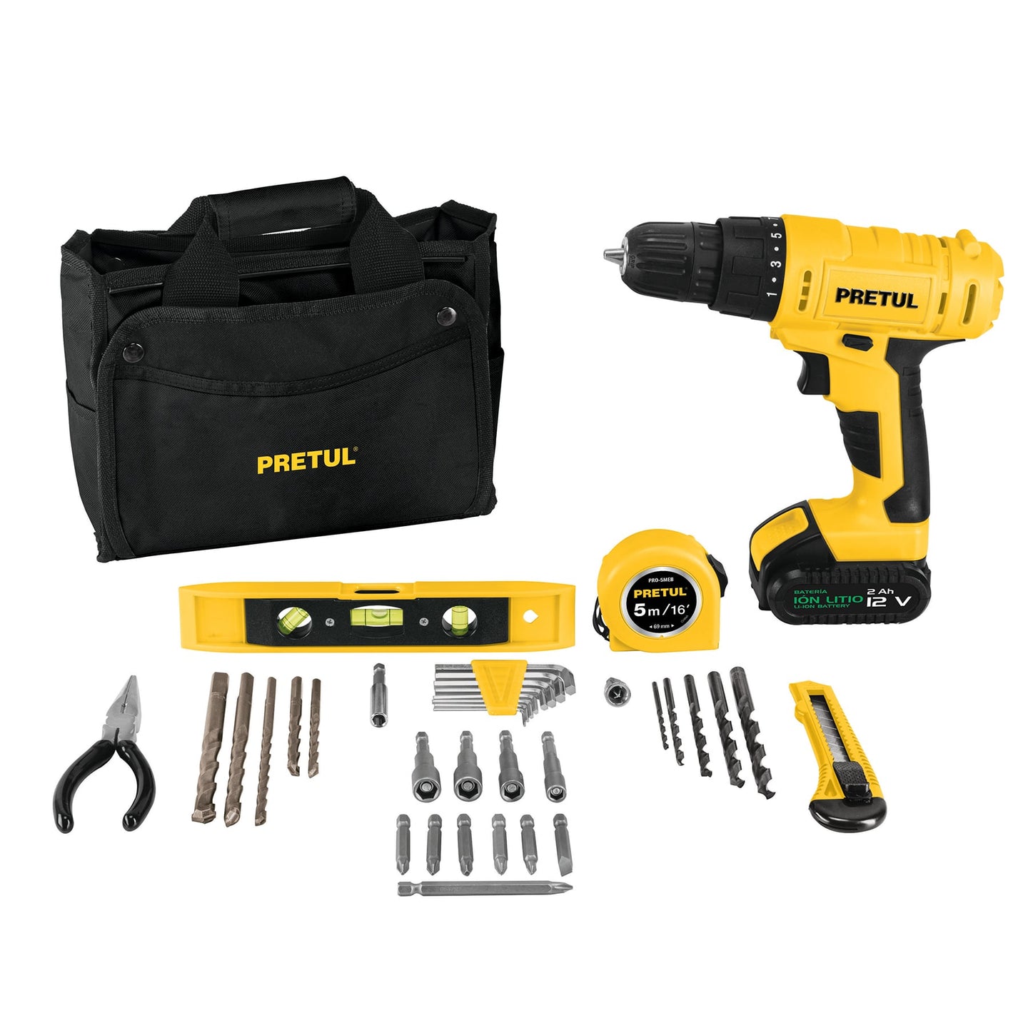 TALI-12PK Kit taladro 3/8", 12V, 35 accesorios, en maleta, PRETUL