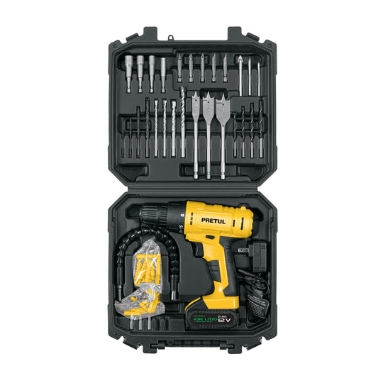 TALI-12PK2 Kit taladro 3/8", 12V, 33 accesorios, en estuche, PRETUL