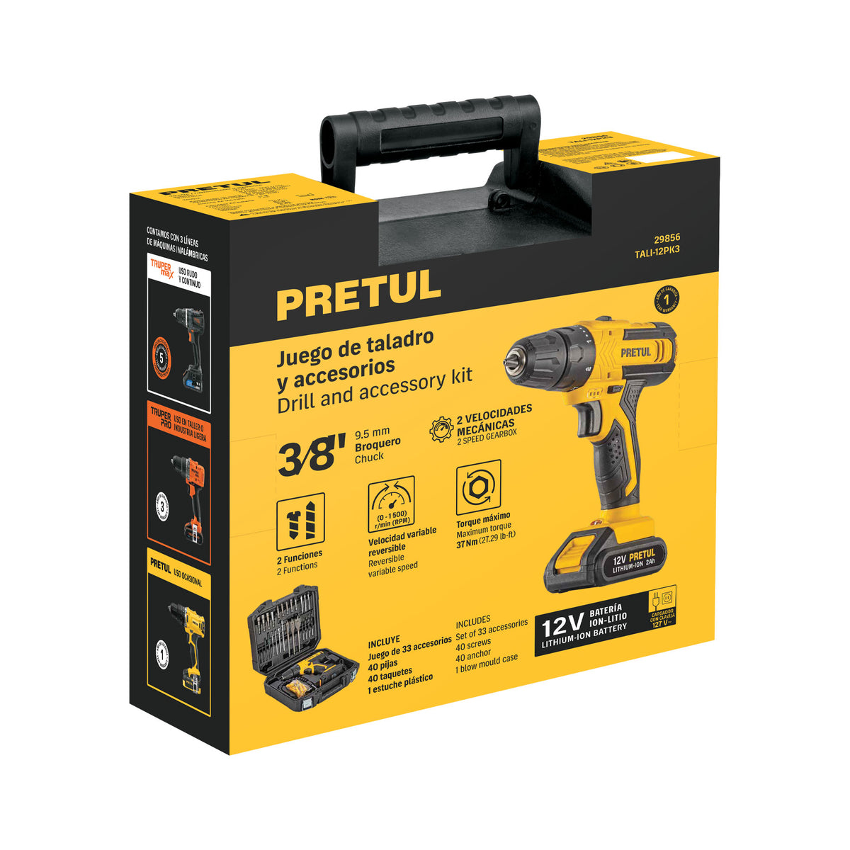 Taladro Atornillador Pretul 12V Kit 33 Accs TALI-12PK3