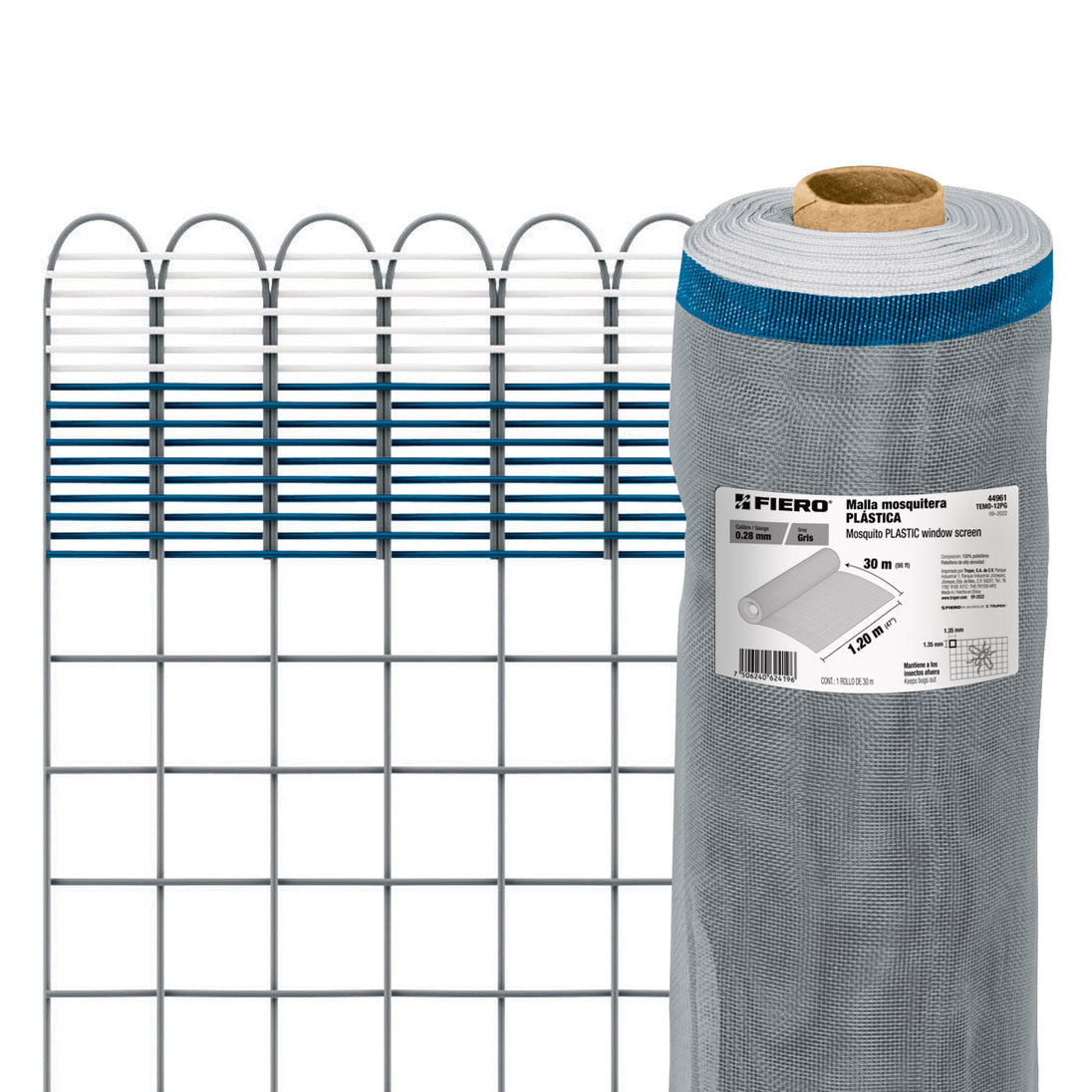 TEMO-12PG Rollo de 30 m x 1.2 m de malla mosquitera plástica gris