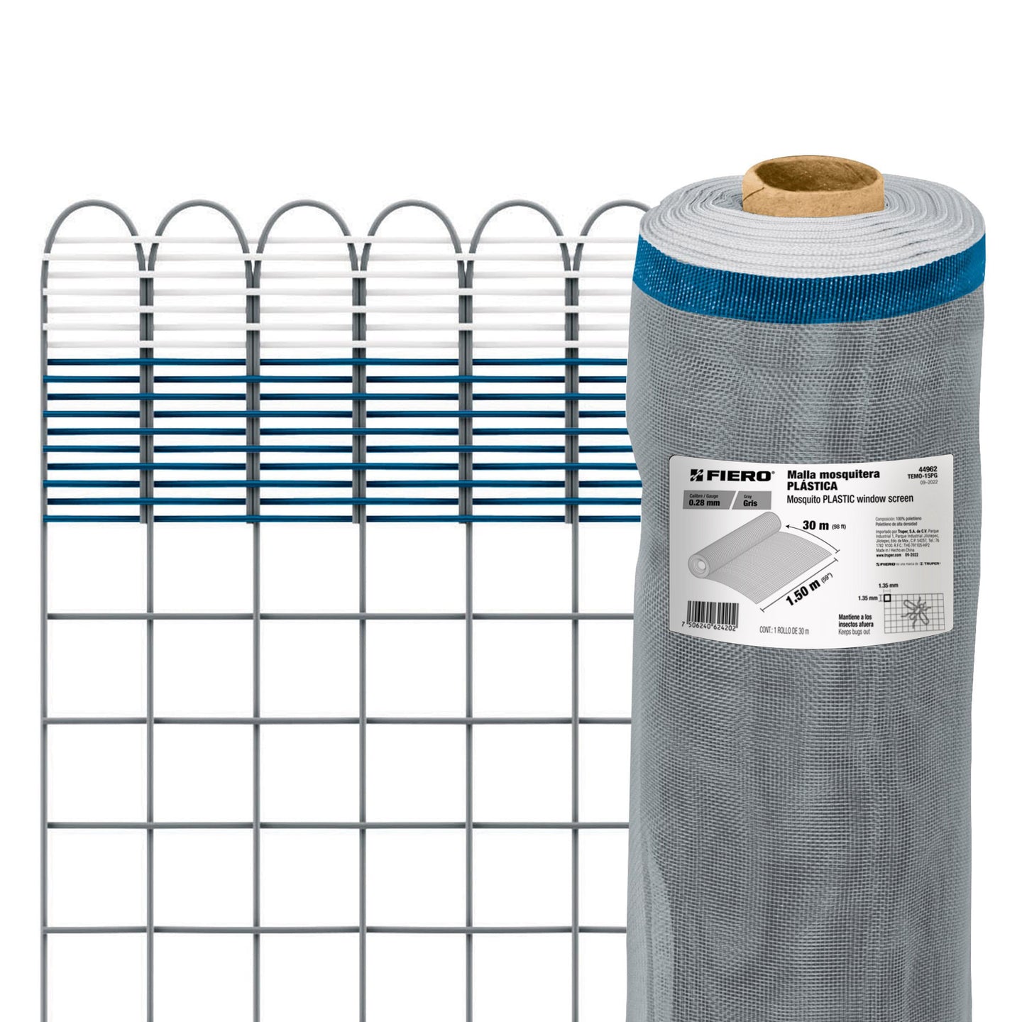 TEMO-15PG Rollo de 30 m x 1.5 m de malla mosquitera plástica gris