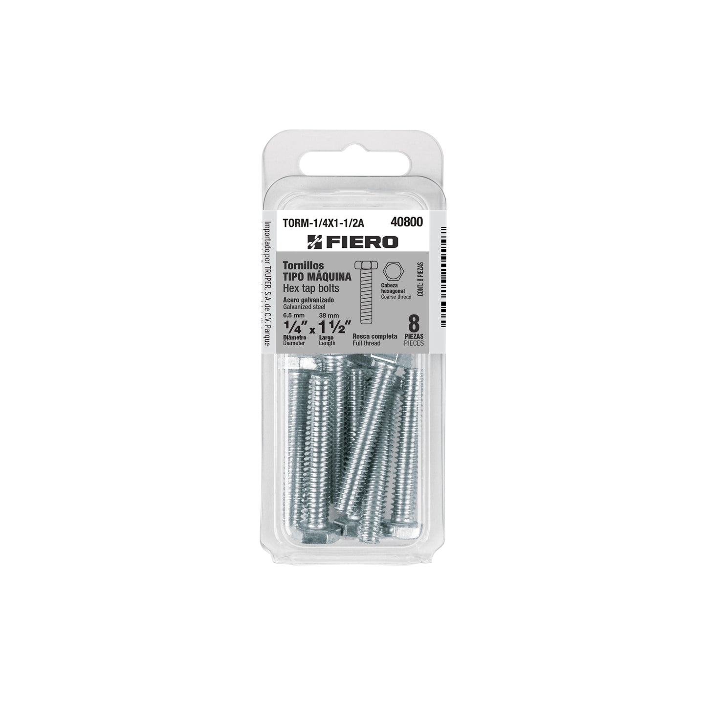 TORM-1/4X1-1/2A Blíster con 8 tornillos 1/4" x 1-1/2" tipo máquina, FIERO
